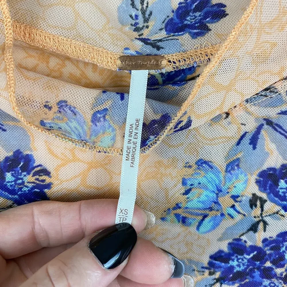 Free People Amber Semi Sheer Floral Print Mock Neck Top Womens Sz XS Boho Retro